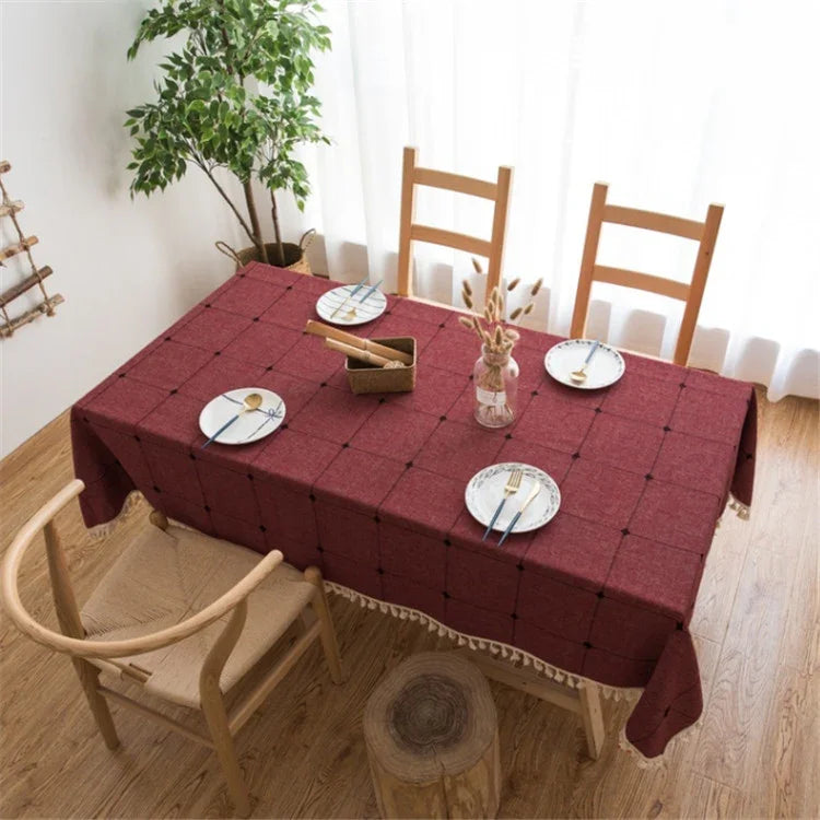 Nappe brodée à motif quadrillé carré Couleur unie Coton Lin avec pompons Tapis rectangulaire pour table basse, 140x220cm, 140x240cm, 140x260cm, 140x300cm