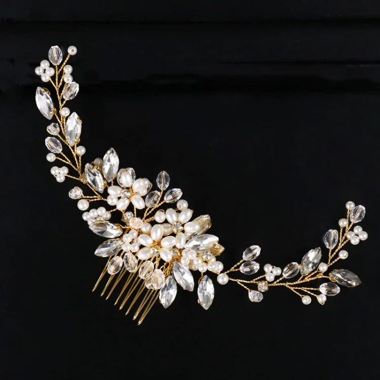 Serre-tête en perles dorées, diadèmes en cristal et strass, peignes à cheveux de mariée, parure de tête, perles dorées