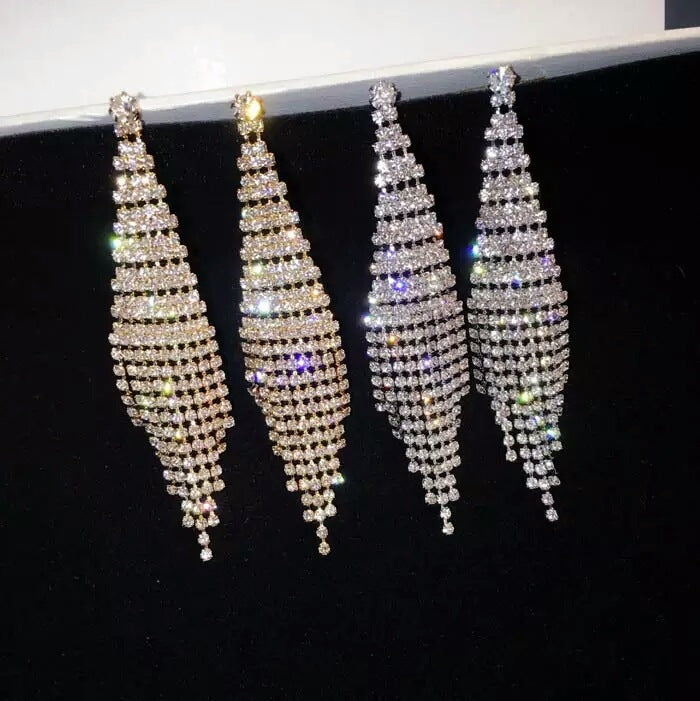 Boucles d'oreilles pendantes bicolores Super Flash Diamond pour femmes, boucles d'oreilles à clip dorées, boucles d'oreilles à clou dorées, boucles d'oreilles à clip argentées, boucles d'oreilles à clou argentées