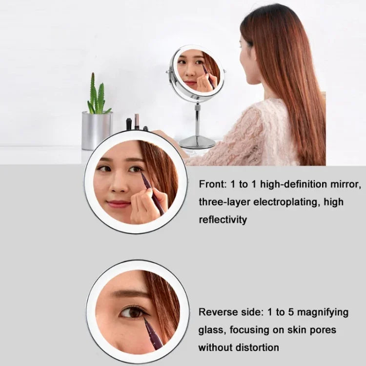 Miroir de maquillage lumineux LED rond double face de bureau, miroir grossissant relevable, plan + grossissement 3x (modèle à piles 7 pouces), plan + grossissement 5x (modèle à piles 7 pouces), plan + grossissement 7x (modèle à piles 7 pouces)