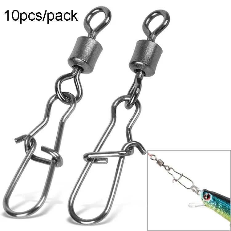 Lot de 10 connecteurs de pêche en acier inoxydable avec émerillons à roulement, accessoires de pêche, 12(17mm), 10(20mm), 8(22mm), 7(25mm), 6(26mm), 5(29mm), 4(30mm), 3(34mm), 2(36mm), 1(40mm)