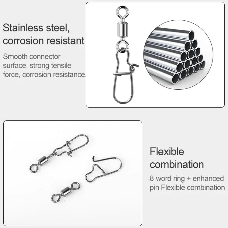 Lot de 10 connecteurs de pêche en acier inoxydable avec émerillons à roulement, accessoires de pêche, 12(17mm), 10(20mm), 8(22mm), 7(25mm), 6(26mm), 5(29mm), 4(30mm), 3(34mm), 2(36mm), 1(40mm)