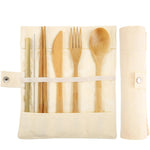 Ensemble de couverts de voyage créatifs en bambou avec couteau, fourchette, cuillère, baguettes et sac en tissu