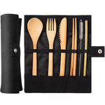 Ensemble de couverts de voyage créatifs en bambou avec couteau, fourchette, cuillère, baguettes et sac en tissu