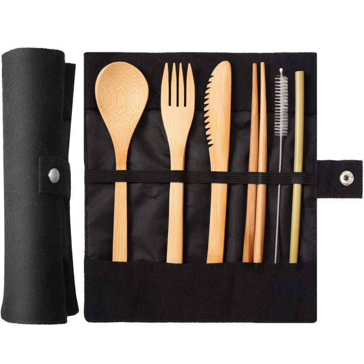 Ensemble de couverts de voyage créatifs en bambou avec couteau, fourchette, cuillère, baguettes et sac en tissu