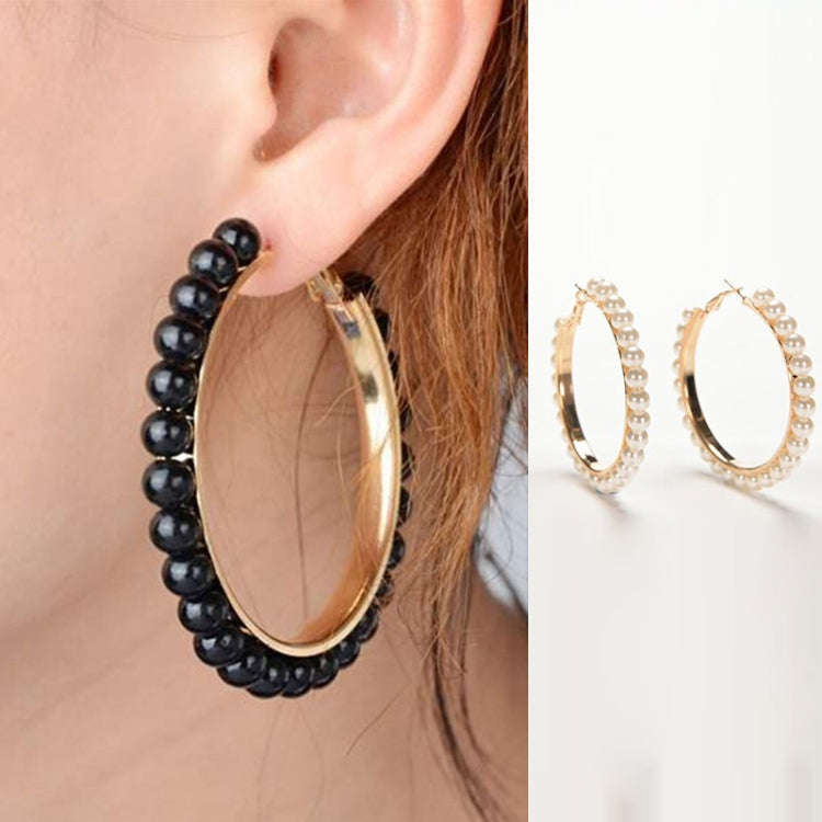 1 paire de boucles d'oreilles créoles pour fille avec perles et grand cercle, noires, blanches, noires et blanches