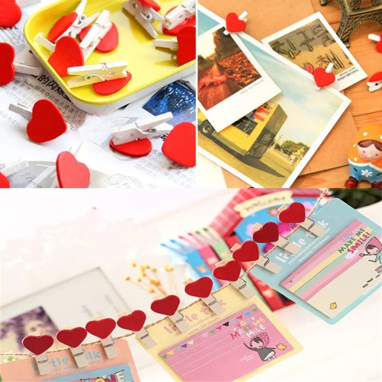 50 mini pinces à linge décoratives en bois en forme de cœur rouge pour photos, cartes postales, loisirs créatifs