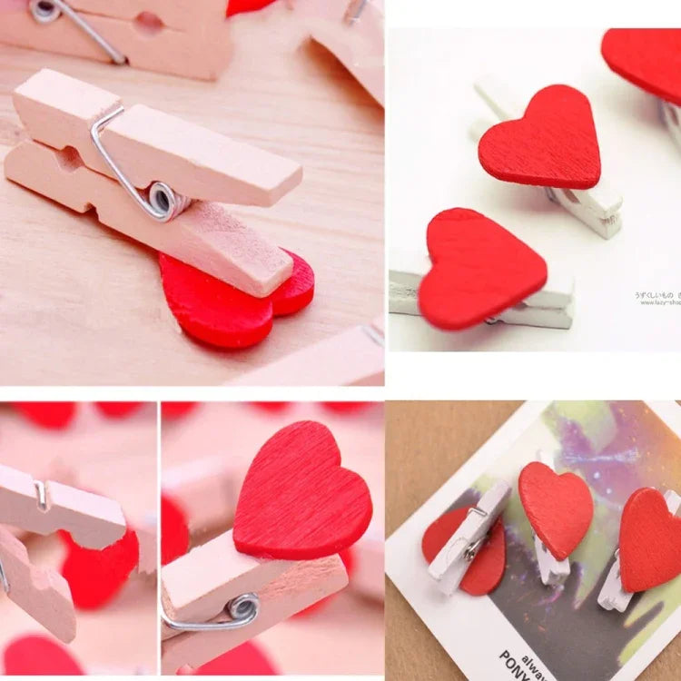 50 mini pinces à linge décoratives en bois en forme de cœur rouge pour photos, cartes postales, loisirs créatifs
