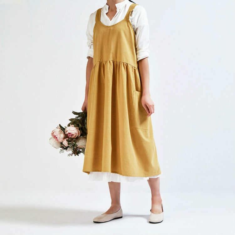 Tablier taille haute en coton et lin de couleur unie