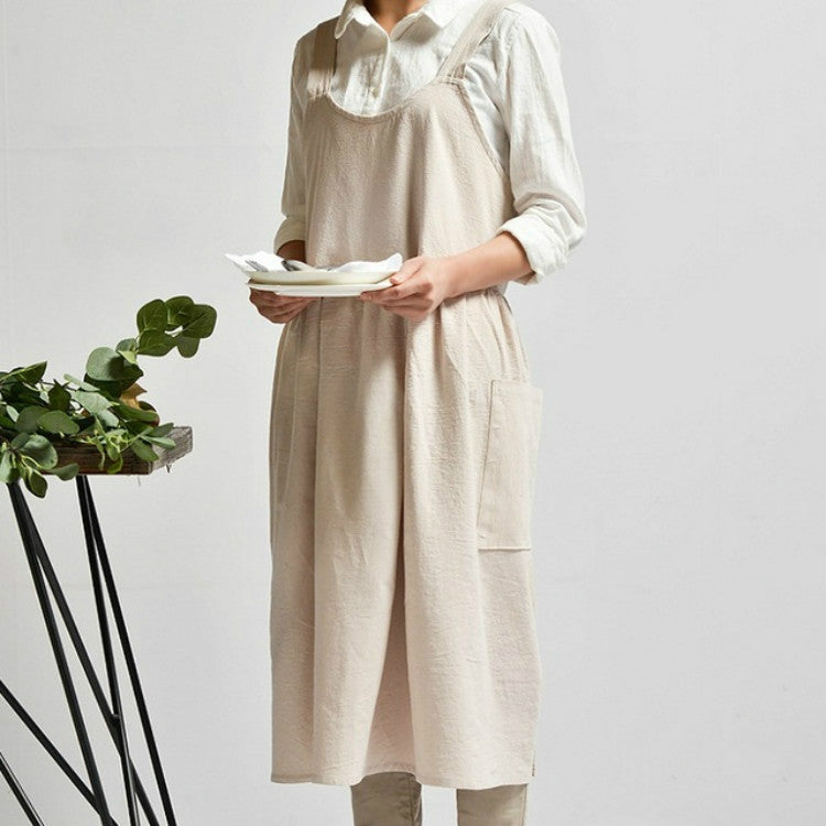 Tablier taille haute en coton et lin de couleur unie