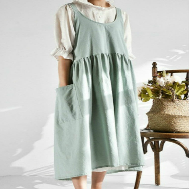 Tablier taille haute en coton et lin de couleur unie