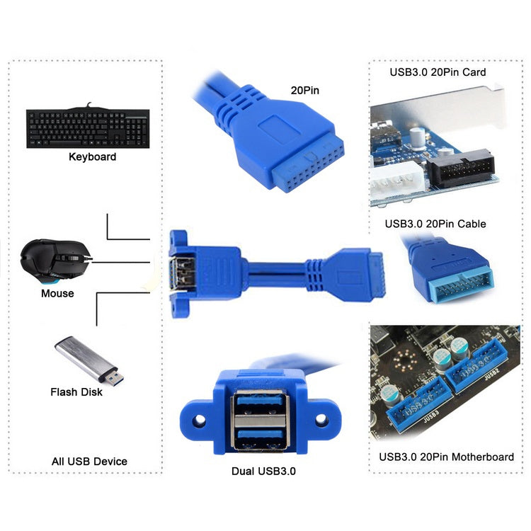 Câble d'extension double USB3.0 20 broches pour carte mère avec câble pare-oreille, bleu