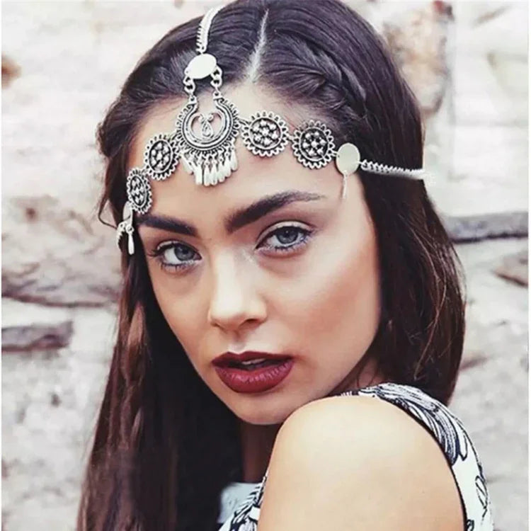 Bijoux de cheveux vintage en argent avec pompon, pièces de monnaie en métal, bandeau long, chaîne de tête punk, pièce frontale
