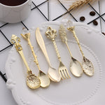 Lot de 6 mini-cuillères à café vintage, style royal, en métal sculpté, pour café, fruits, couverts de dessert, outils de cuisine, Or, Bronze rouge, Bronze antique (avec fourchette rouge), Bronze antique (avec fourchette antique), Argent