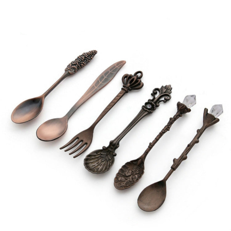 Lot de 6 mini-cuillères à café vintage, style royal, en métal sculpté, pour café, fruits, couverts de dessert, outils de cuisine, Or, Bronze rouge, Bronze antique (avec fourchette rouge), Bronze antique (avec fourchette antique), Argent