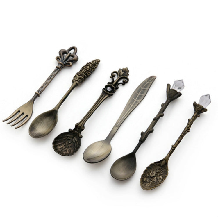 Lot de 6 mini-cuillères à café vintage, style royal, en métal sculpté, pour café, fruits, couverts de dessert, outils de cuisine, Or, Bronze rouge, Bronze antique (avec fourchette rouge), Bronze antique (avec fourchette antique), Argent