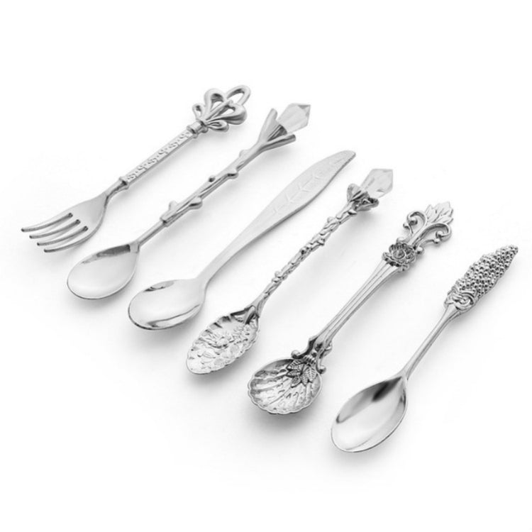 Lot de 6 mini-cuillères à café vintage, style royal, en métal sculpté, pour café, fruits, couverts de dessert, outils de cuisine, Or, Bronze rouge, Bronze antique (avec fourchette rouge), Bronze antique (avec fourchette antique), Argent