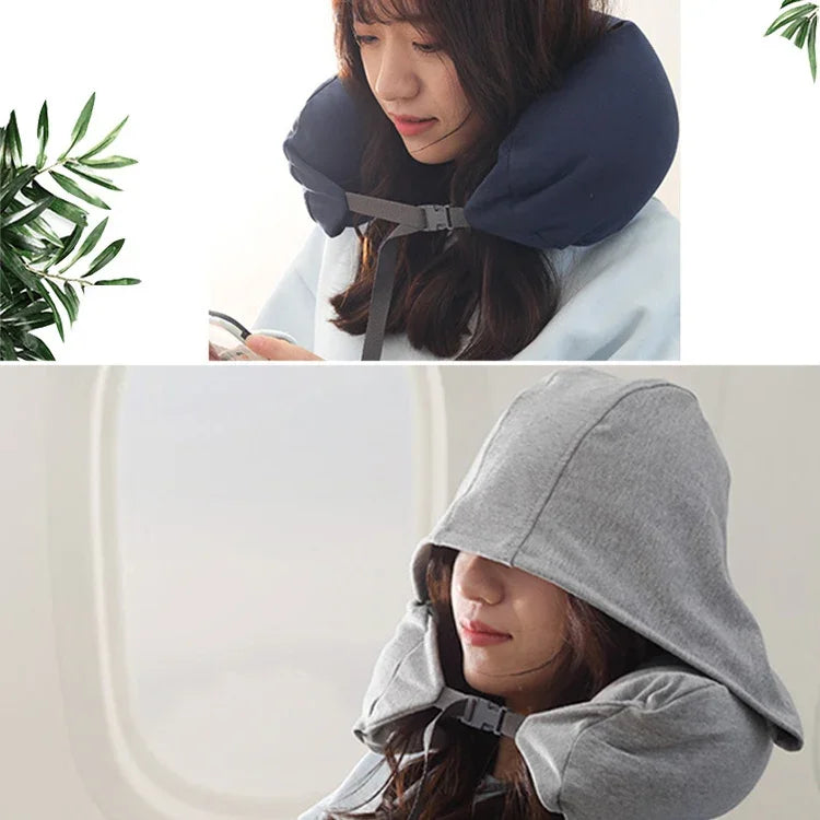 Oreiller de voyage portable en forme de U avec capuche pour avion, oreiller de cou pour sieste