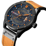 Montre sportive militaire pour homme CURREN M8301 à quartz avec date, bracelet cuir, boîtier noir orange, boîtier noir rouge, boîtier noir cadran noir bracelet marron foncé, boîtier noir cadran gris bracelet marron clair, boîtier noir bleu