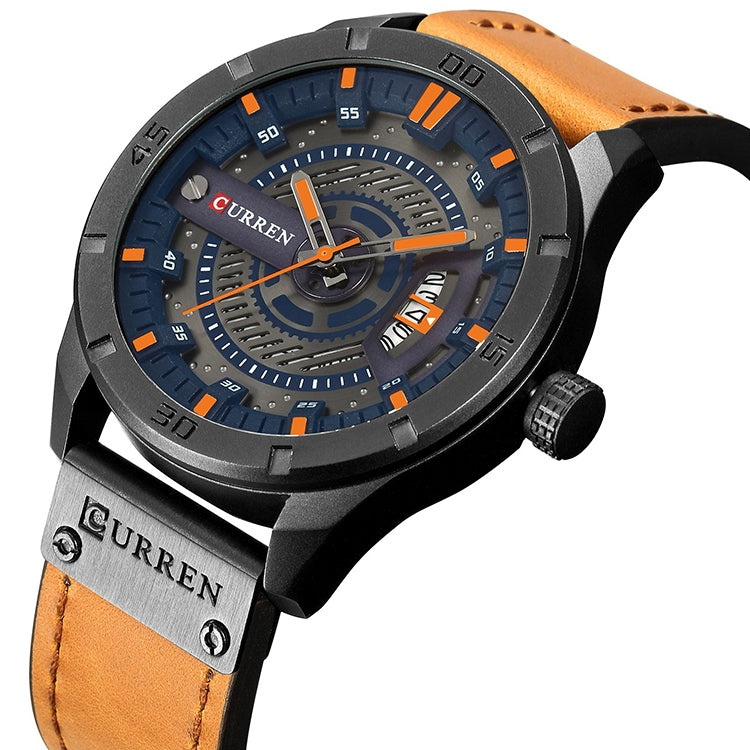 Montre sportive militaire pour homme CURREN M8301 à quartz avec date, bracelet cuir, boîtier noir orange, boîtier noir rouge, boîtier noir cadran noir bracelet marron foncé, boîtier noir cadran gris bracelet marron clair, boîtier noir bleu