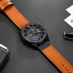 Montre sportive militaire pour homme CURREN M8301 à quartz avec date, bracelet cuir, boîtier noir orange, boîtier noir rouge, boîtier noir cadran noir bracelet marron foncé, boîtier noir cadran gris bracelet marron clair, boîtier noir bleu