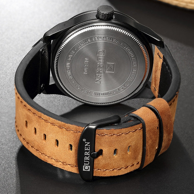 Montre sportive militaire pour homme CURREN M8301 à quartz avec date, bracelet cuir, boîtier noir orange, boîtier noir rouge, boîtier noir cadran noir bracelet marron foncé, boîtier noir cadran gris bracelet marron clair, boîtier noir bleu