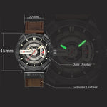 Montre sportive militaire pour homme CURREN M8301 à quartz avec date, bracelet cuir, boîtier noir orange, boîtier noir rouge, boîtier noir cadran noir bracelet marron foncé, boîtier noir cadran gris bracelet marron clair, boîtier noir bleu