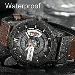 Montre sportive militaire pour homme CURREN M8301 à quartz avec date, bracelet cuir, boîtier noir orange, boîtier noir rouge, boîtier noir cadran noir bracelet marron foncé, boîtier noir cadran gris bracelet marron clair, boîtier noir bleu
