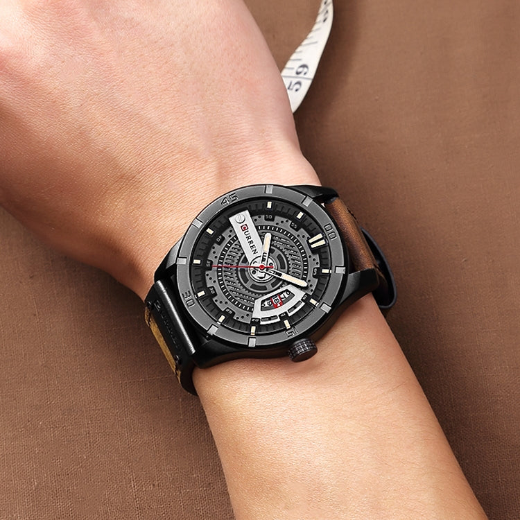 Montre sportive militaire pour homme CURREN M8301 à quartz avec date, bracelet cuir, boîtier noir orange, boîtier noir rouge, boîtier noir cadran noir bracelet marron foncé, boîtier noir cadran gris bracelet marron clair, boîtier noir bleu