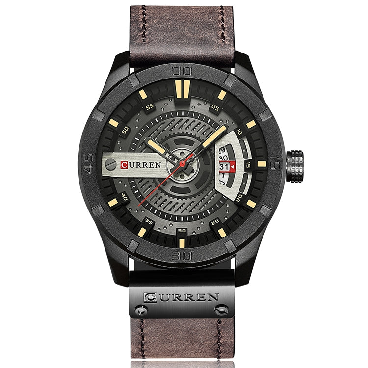 Montre sportive militaire pour homme CURREN M8301 à quartz avec date, bracelet cuir, boîtier noir orange, boîtier noir rouge, boîtier noir cadran noir bracelet marron foncé, boîtier noir cadran gris bracelet marron clair, boîtier noir bleu