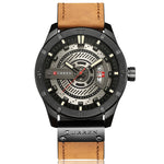 Montre sportive militaire pour homme CURREN M8301 à quartz avec date, bracelet cuir, boîtier noir orange, boîtier noir rouge, boîtier noir cadran noir bracelet marron foncé, boîtier noir cadran gris bracelet marron clair, boîtier noir bleu