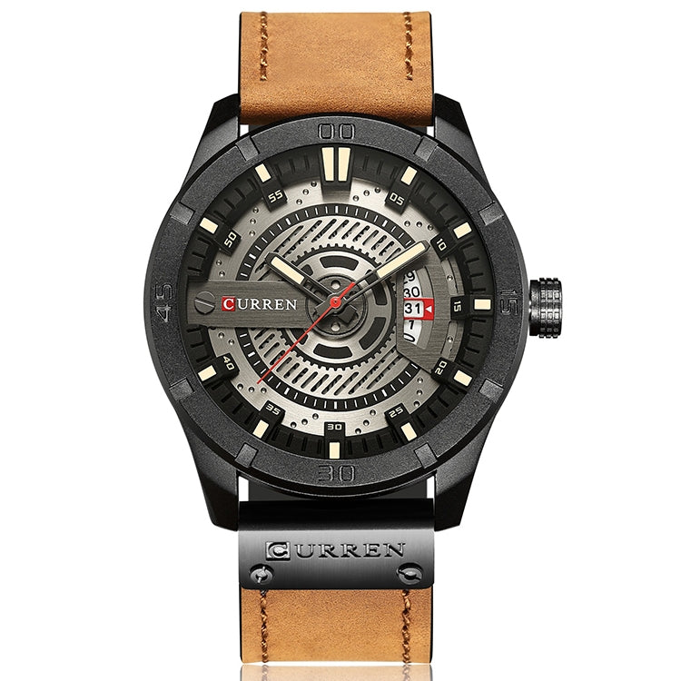 Montre sportive militaire pour homme CURREN M8301 à quartz avec date, bracelet cuir, boîtier noir orange, boîtier noir rouge, boîtier noir cadran noir bracelet marron foncé, boîtier noir cadran gris bracelet marron clair, boîtier noir bleu