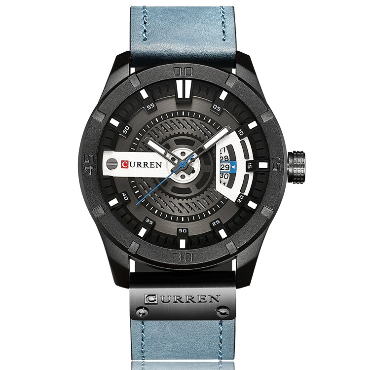 Montre sportive militaire pour homme CURREN M8301 à quartz avec date, bracelet cuir, boîtier noir orange, boîtier noir rouge, boîtier noir cadran noir bracelet marron foncé, boîtier noir cadran gris bracelet marron clair, boîtier noir bleu