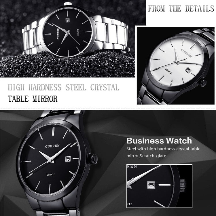 Montre quartz étanche en acier complet CURREN 8106 avec calendrier mode business, boîtier noir cadran noir, boîtier blanc cadran noir, boîtier noir cadran blanc, boîtier blanc cadran blanc