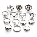 Ensemble de 14 bagues vintage punk creuses sculptées, avec diamant, goutte d'eau, fleur et lune