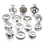 Ensemble de 14 bagues vintage punk creuses sculptées, avec diamant, goutte d'eau, fleur et lune