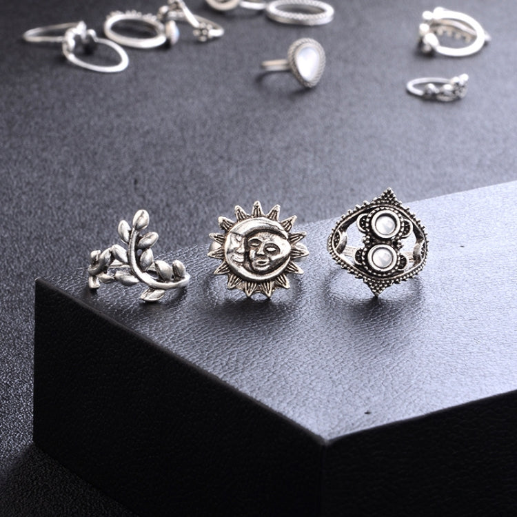 Ensemble de 14 bagues vintage punk creuses sculptées, avec diamant, goutte d'eau, fleur et lune