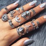 Ensemble de 14 bagues vintage punk creuses sculptées, avec diamant, goutte d'eau, fleur et lune