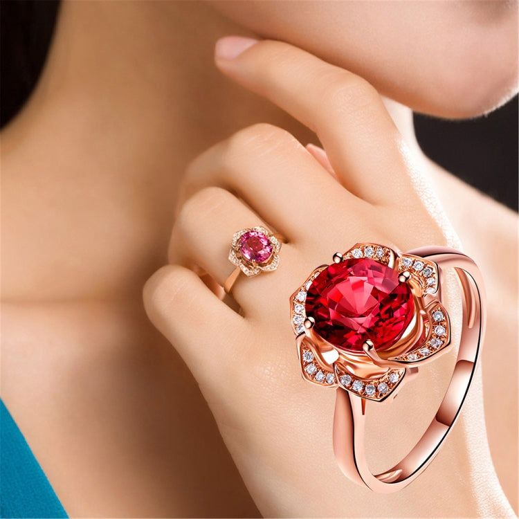 Bague Femme Fleur en Or Rose Tourmaline Rouge Tendance, tailles 6, 7, 8, 9, 10