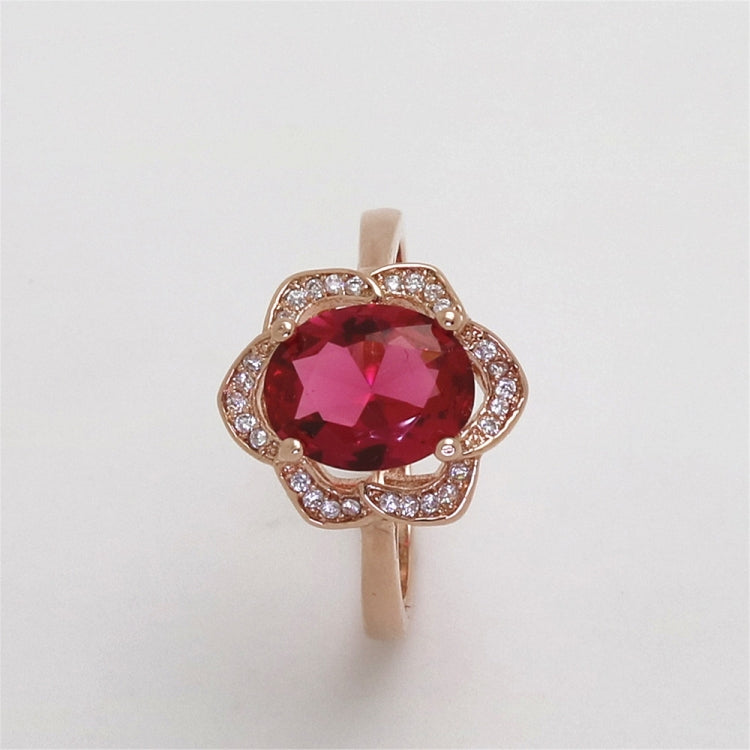 Bague Femme Fleur en Or Rose Tourmaline Rouge Tendance, tailles 6, 7, 8, 9, 10