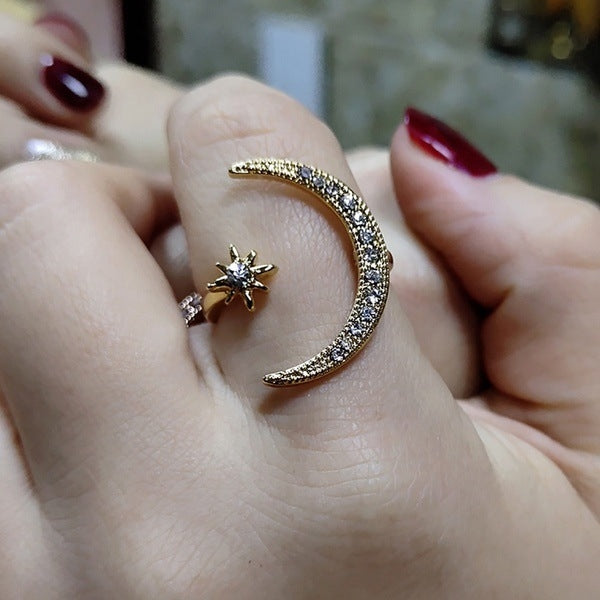 Bagues Femme Étoile Lune Cristal Empilables, Or Jaune, Or Rose, Argent