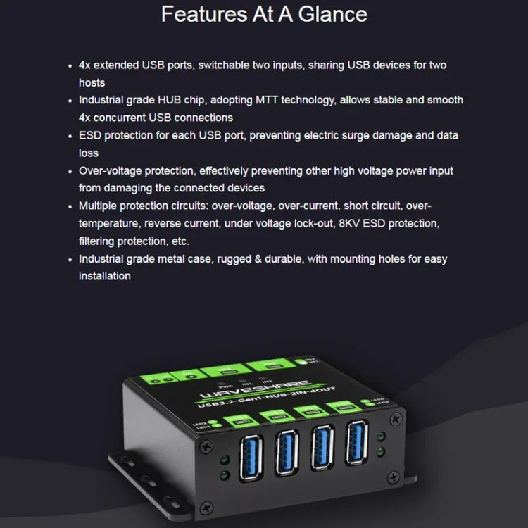 Waveshare 23929 HUB USB, extension de 4 ports USB 3.2, double hôtes commutables, multi protections, 23929