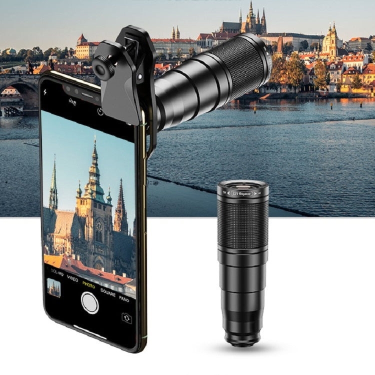 APEXEL APL-22X105 Kit d'objectifs universels 4 en 1 en métal pour téléphone portable avec téléobjectif 22X + Fisheye + Grand angle + Macro Starlight Polarisant
