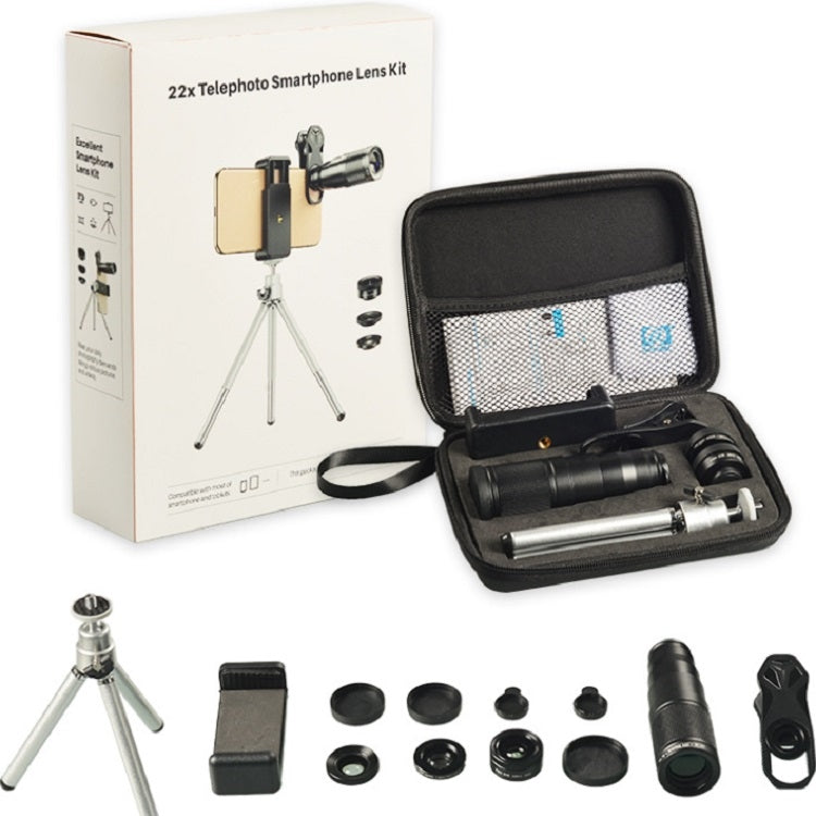 APEXEL APL-22X105 Kit d'objectifs universels 4 en 1 en métal pour téléphone portable avec téléobjectif 22X + Fisheye + Grand angle + Macro Starlight Polarisant