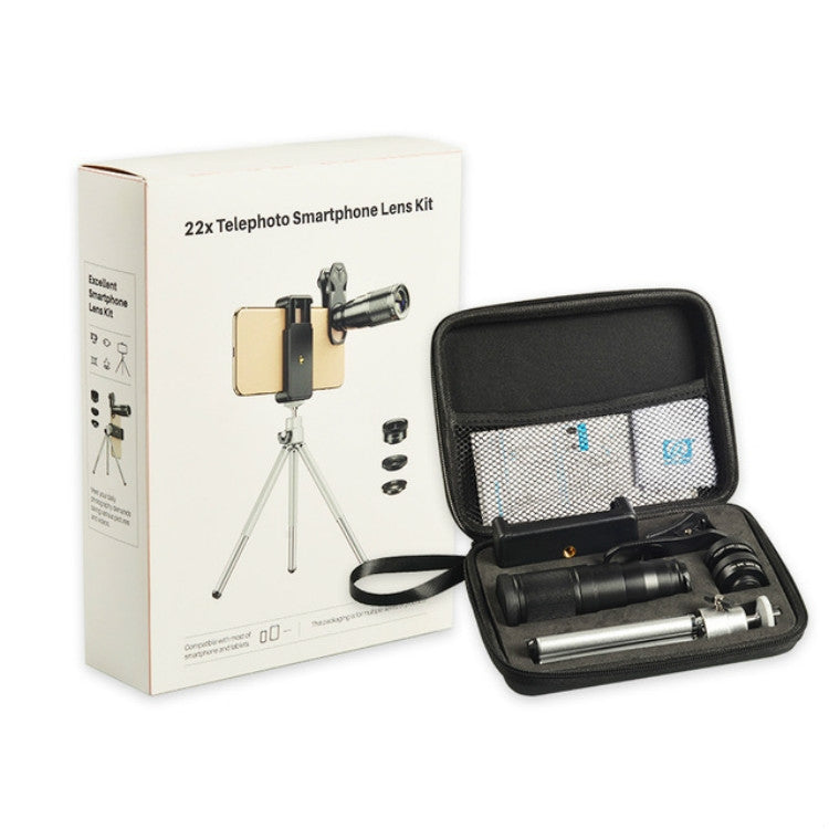 APEXEL APL-22X105 Kit d'objectifs universels 4 en 1 en métal pour téléphone portable avec téléobjectif 22X + Fisheye + Grand angle + Macro Starlight Polarisant