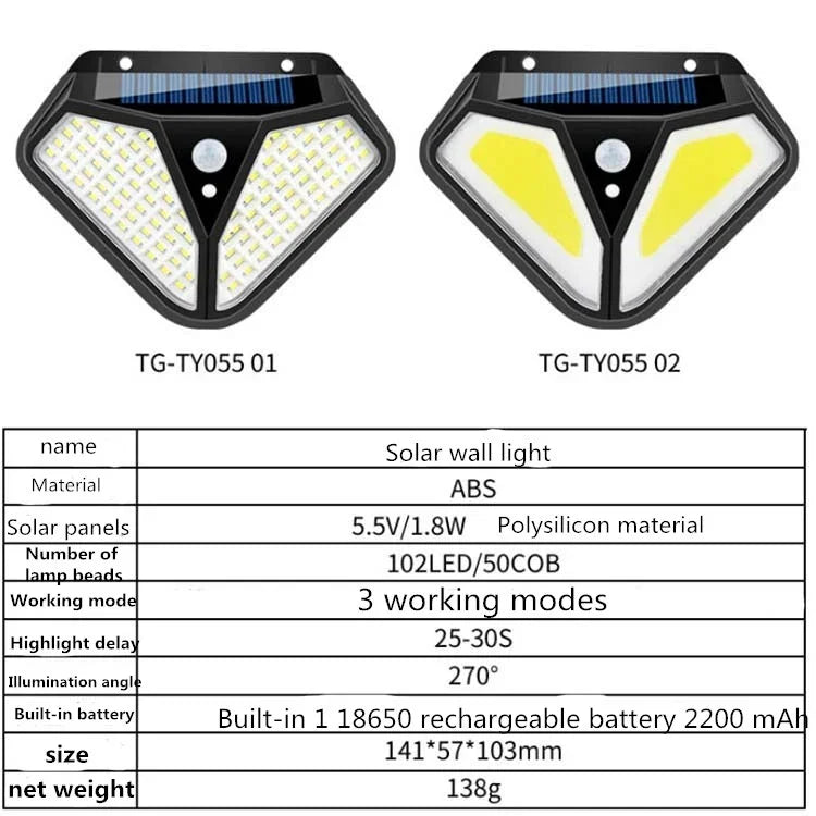 Lampe Solaire Murale Détecteur de Mouvement, Éclairage Extérieur Étanche pour Jardin et Villa, Lampadaire, 102 LED
