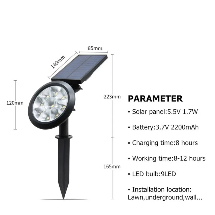 9 LED lampes solaires de jardin extérieures réglables IP65 étanches, changement de couleur, lumière blanc chaud + lumière blanche