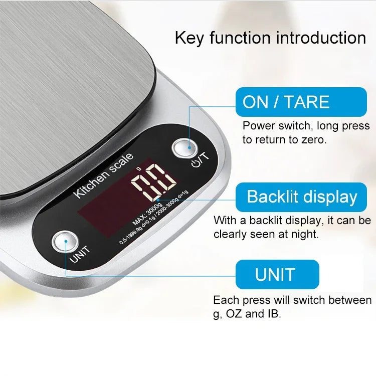 Balance électronique de cuisine en acier inoxydable BOH-C305 avec écran LCD, Spécification : 3kg/0,1g, 3kg/0,1g