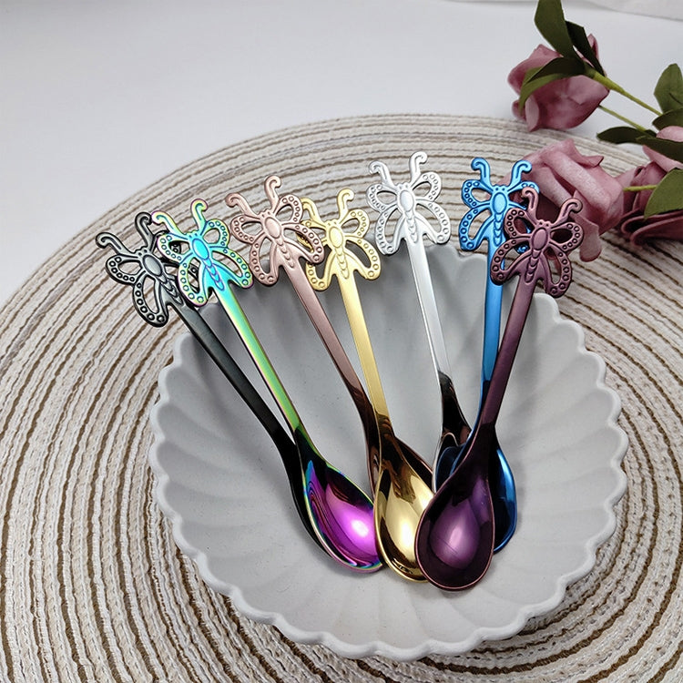 Cuillère à café papillon multicolore en acier inoxydable pour fruits, boissons froides, crème glacée, dessert, thé, argent, or, or rose, arc-en-ciel, noir, violet