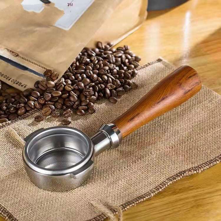 Support filtre pour machine à café en acier inoxydable avec poignée en bois sans fond, filtre pour machine à café